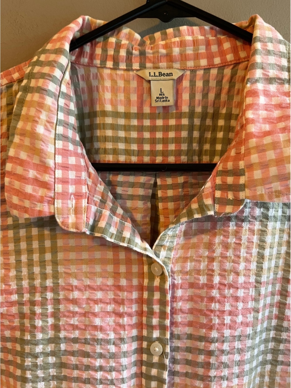 L.L.Bean Vacationland Seersucker Short Sleeve Popover Plaid Shirt Pink Green - Picture 5 of 10